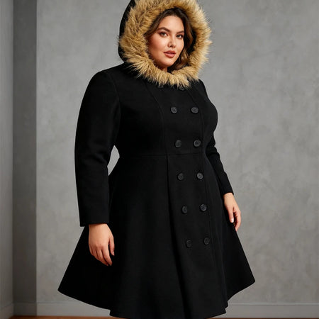 Plus Size Tweed Trench Hooded Coat