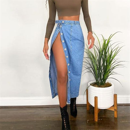 High Waist High Slit Denim Skirt