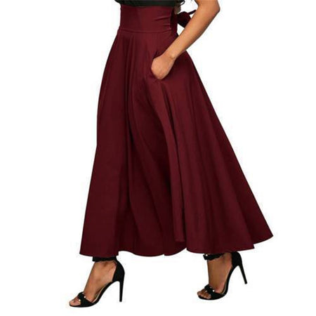 High Waist Pleated Flared A-Line Maxi Skirt