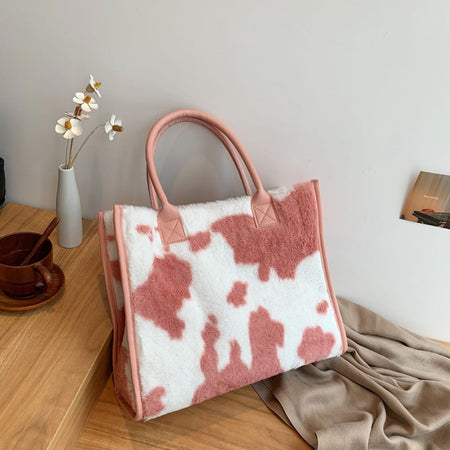 Cow & Leopard Print PU Leather Plush Top-Handle Bag