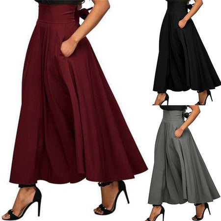 High Waist Pleated Flared A-Line Maxi Skirt