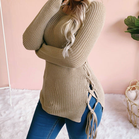 Thick Knitted O Neck Solid Split Cross Bandage Sweater Oullover