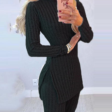 2pcs Long Sleeve Ribbed High Waist Pants Set