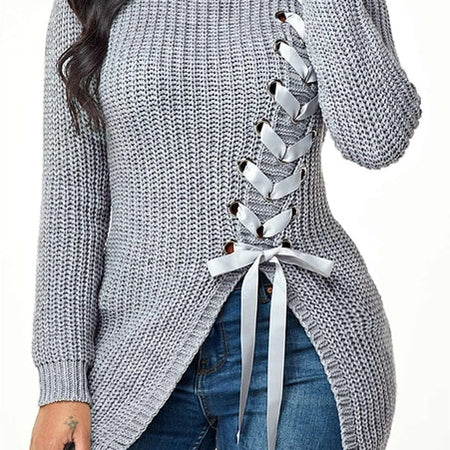 Long Thick Casual Lace-up Sexy Split Sweater With Side Slits
