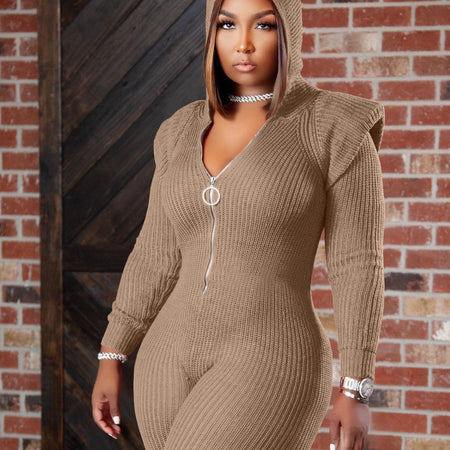 Knitted Hooded Long Sleeve One Piece Overalls