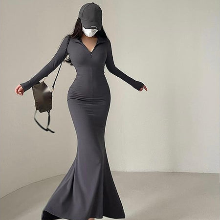 Zipper Lapel Slim V Neck Fishtail Dress