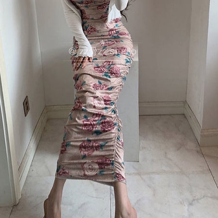 Low Cut Sexy Pleated Printing Floral Long Dress