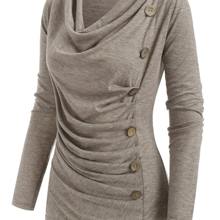 Cowl Neck Mock Button Long Sleeve Marled Top