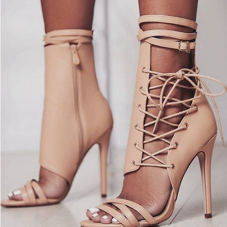 Roman Buckle Lace Up Peep Toe Strap Heels