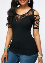 Load image into Gallery viewer, Cold Shoulder Round Neck Floral Lace T-Shirt