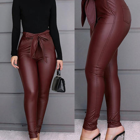High Waist Leather Leggings With Bow Sashes - Fashion Damsel