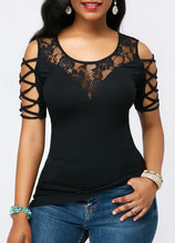 Load image into Gallery viewer, Cold Shoulder Round Neck Floral Lace T-Shirt