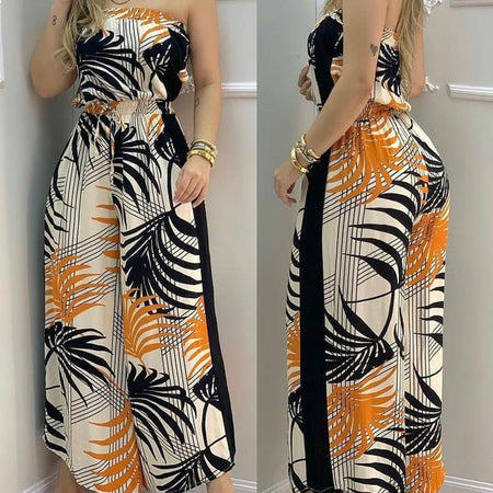 Tropical Print Wide Leg Sleeveless Rompers