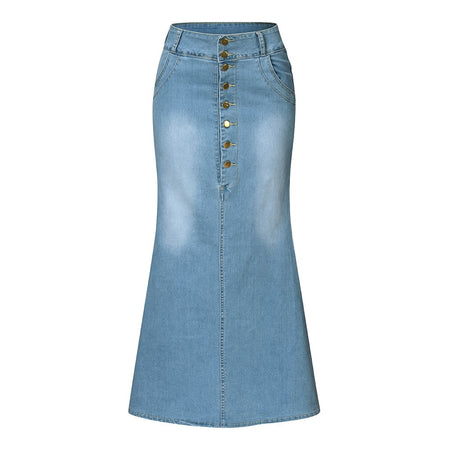 Casual Front Button Washed Denim Long Skirt - Fashion Damsel