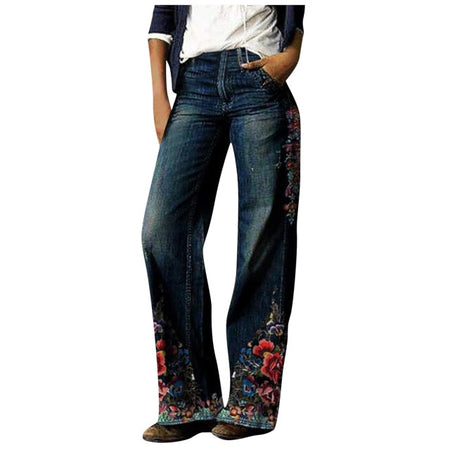 Flower Print Wide Leg Vintage Jeans