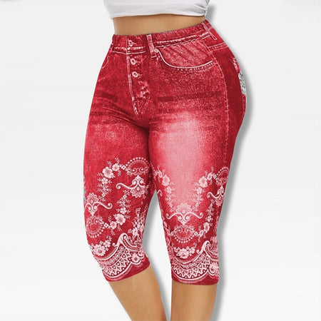 Printed Denim High Waist Yoga Pant - Fashion Damsel
