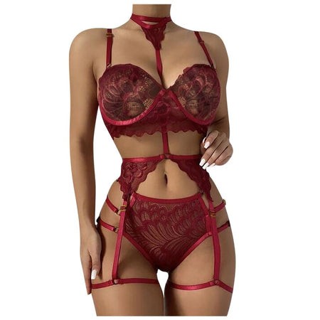 3PC Strap Lace Crochet Cutout Lingerie Set With Garter