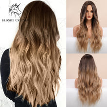 Load image into Gallery viewer, Long, Wavy Natural Synthetic Wig Ombre, Blonde & Brown