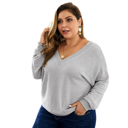 Casual Loose Plus Size Sweater With V-Neck - Fashion Damsel