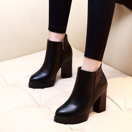 Genuine Leather Martin Black High Heels Zip-Up or Lace-Up - Fashion Damsel