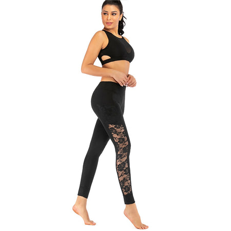 Side Pocket Silk Screen Design Sports Lace Yoga - Fashion Damsel