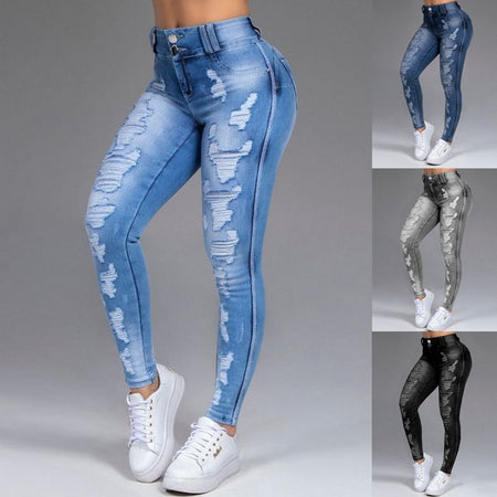 Mid-Waist Ripped Pencil Denim Jeans