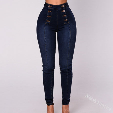 Solid Color Double Breasted High Waist Skinny Jeans