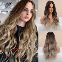 Load image into Gallery viewer, Long, Wavy Natural Synthetic Wig Ombre, Blonde & Brown