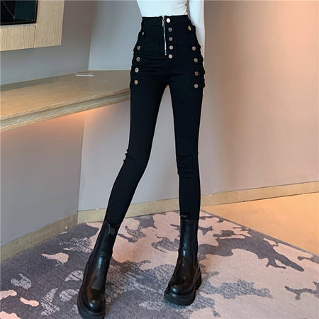 Double Breasted Decoration high Waist Elastic Pencil Pants