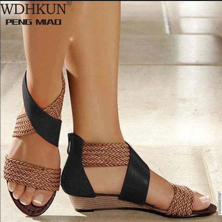 Fish Mouth Leather Canvas Wedge Sandals