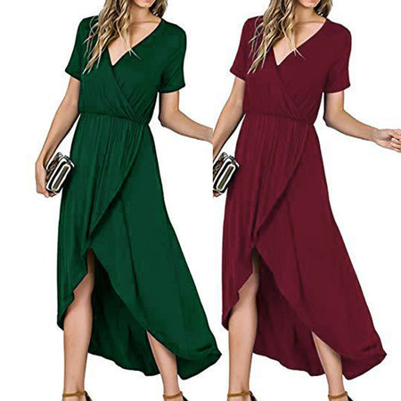 V-neck Short Sleeve Causal Long Dress