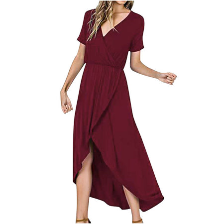 V-neck Short Sleeve Causal Long Dress