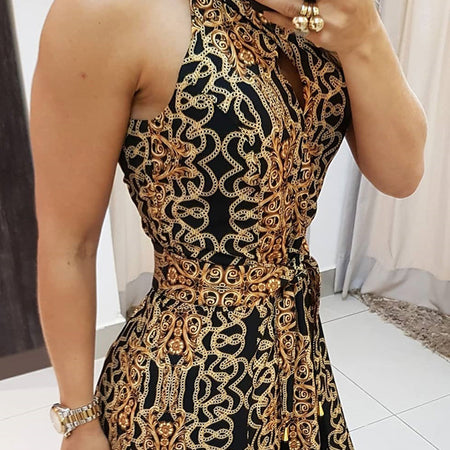 Elegant Sleeveless Baroque Print Sleeveless Midi Dress