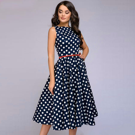 Elegant Sleeveless Polka Dot Print Blue Flared Dress