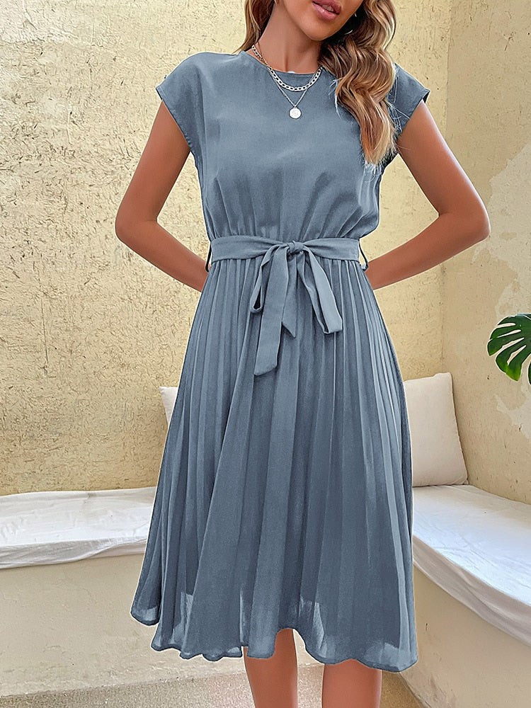 Elegant Casual O Neck Pleated Midi Sundress