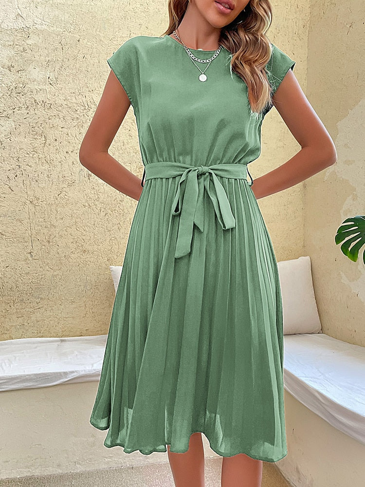 Elegant Casual O Neck Pleated Midi Sundress