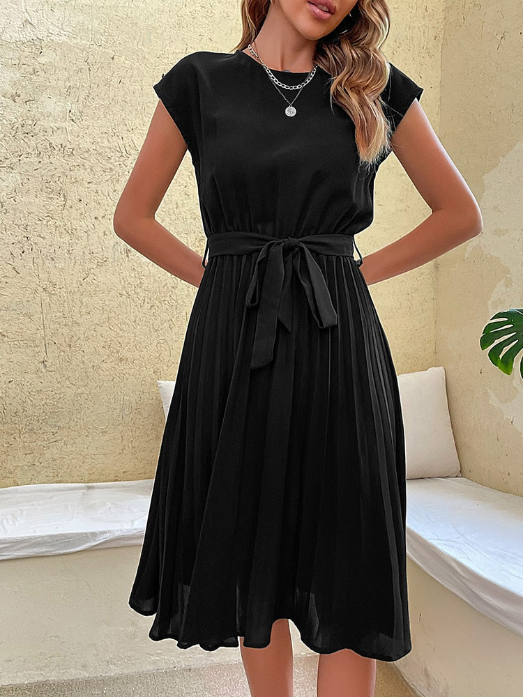 Elegant Casual O Neck Pleated Midi Sundress