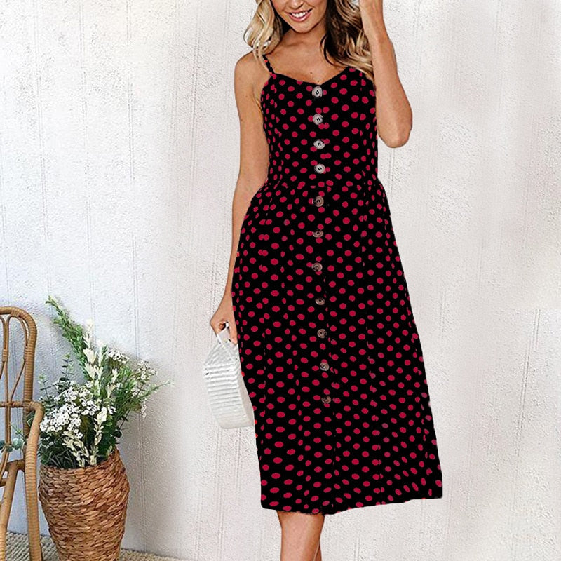 Casual Print Sexy Spaghetti Strap V-Neck Sundress