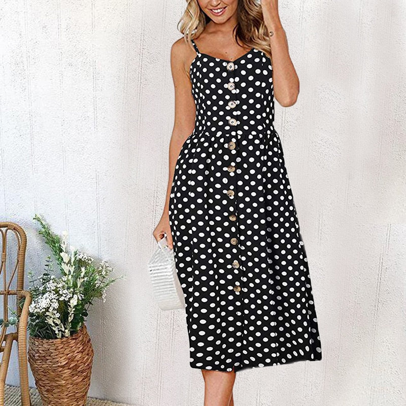 Casual Print Sexy Spaghetti Strap V-Neck Sundress