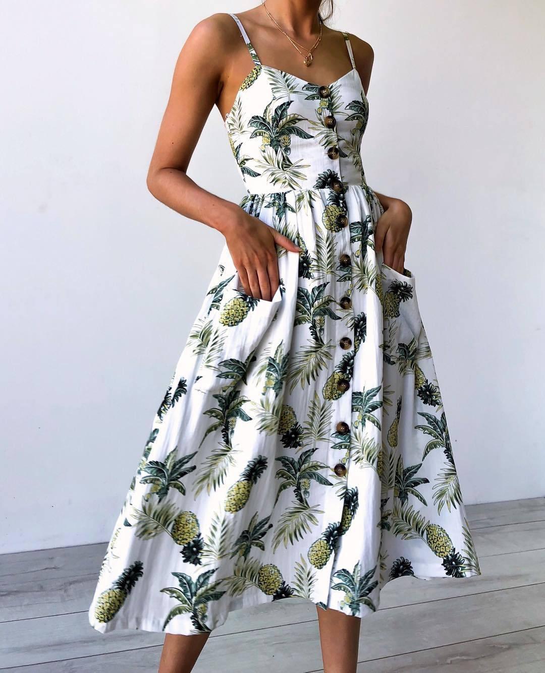 Casual Print Sexy Spaghetti Strap V-Neck Sundress