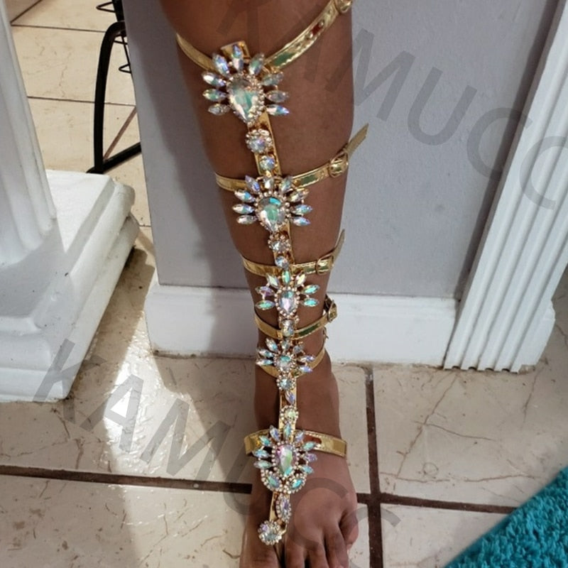 Gladiator Rhinestone High Buckle Strap Flat Sandals