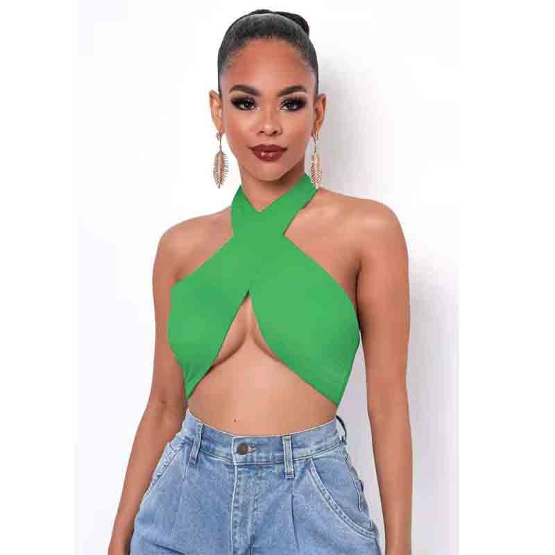 Sleeveless Strappy Cross Over Halter Wrap Crop Top