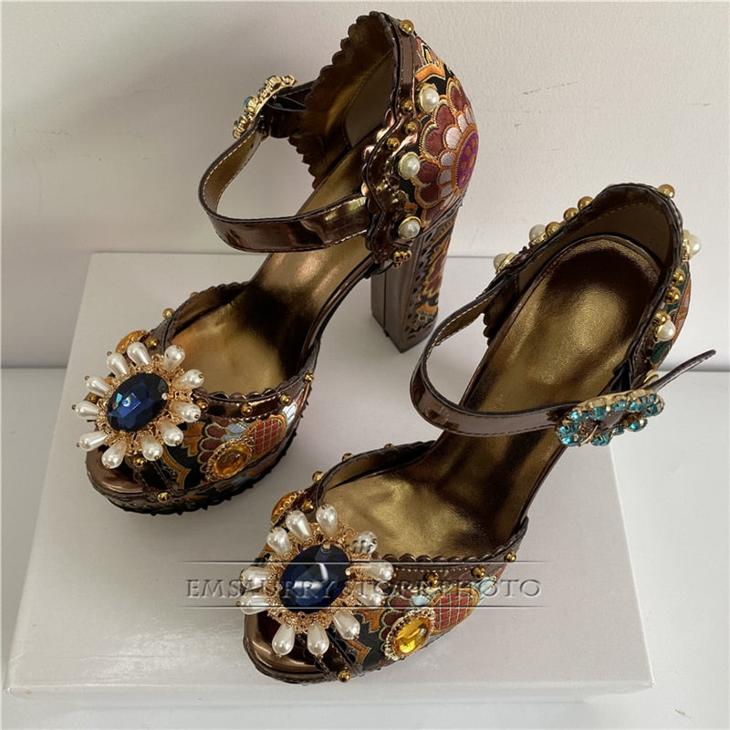 Exotic Embroidery Satin Diamond Flower Summer Sandals