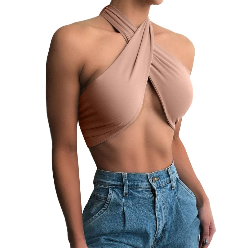 Sleeveless Strappy Cross Over Halter Wrap Crop Top