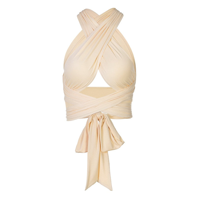 Sleeveless Strappy Cross Over Halter Wrap Crop Top