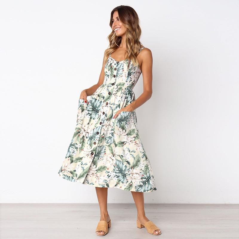 Casual Print Sexy Spaghetti Strap V-Neck Sundress