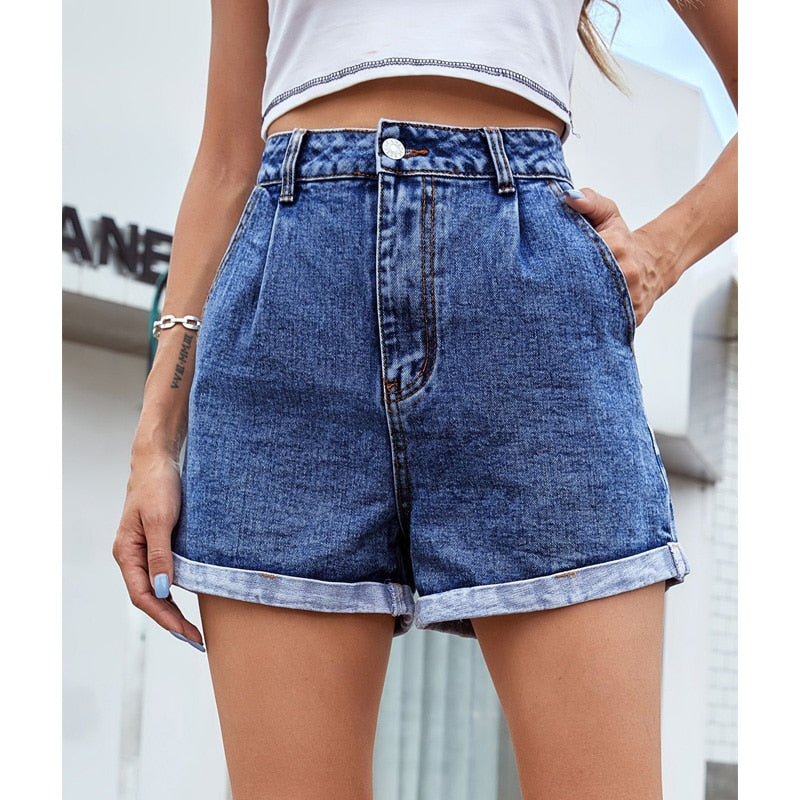 Rolled Hem Denim High Waist Straight Jean Shorts