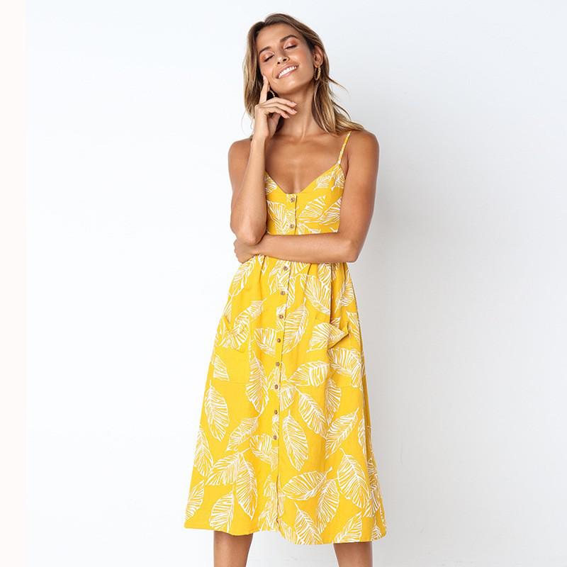 Casual Print Sexy Spaghetti Strap V-Neck Sundress
