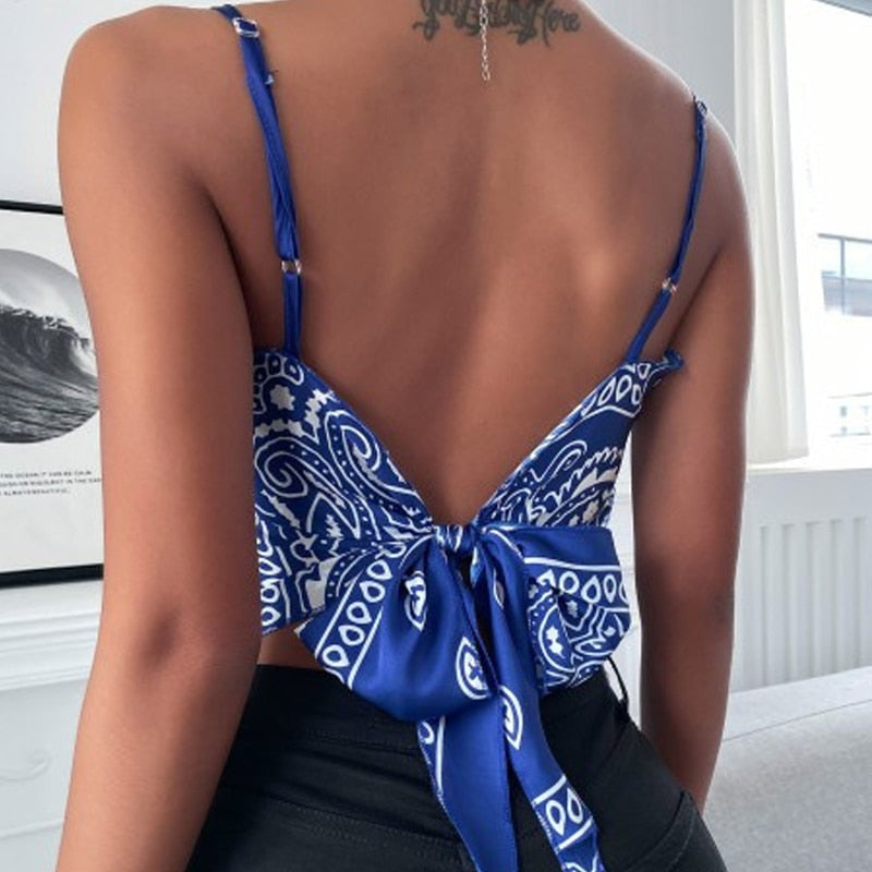 Square Neck Backless Bowknot Satin Vest Tank Top