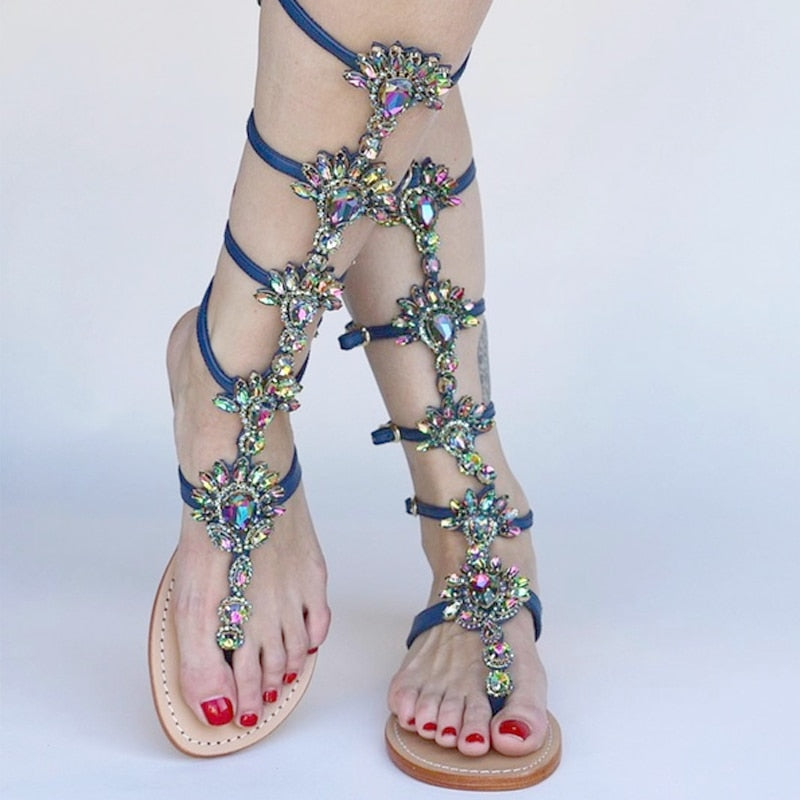 Gladiator Rhinestone High Buckle Strap Flat Sandals